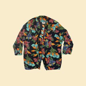 70s/80s rayon cardigan jacket, open-faced floral abstract USA made jacket